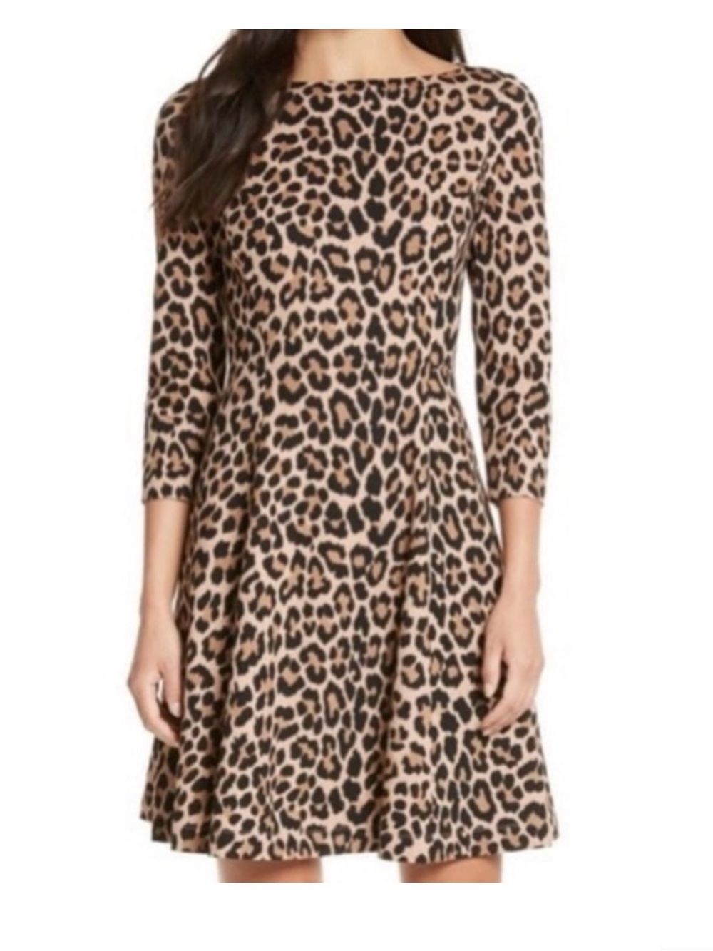 kate spade Leopard Print 3/4 Sleeve Fit-and-Flare Dress - Beige and Black